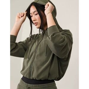 Athleta Seasoft Bubble Hem Full Zip Hoodie Aspen Olive Green Size XXS/XS Cropped